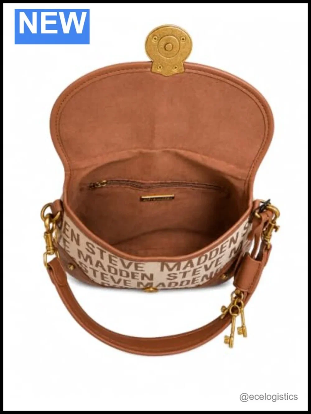 Faux Leather Logo Print Shoulder Bag with Chain Strap